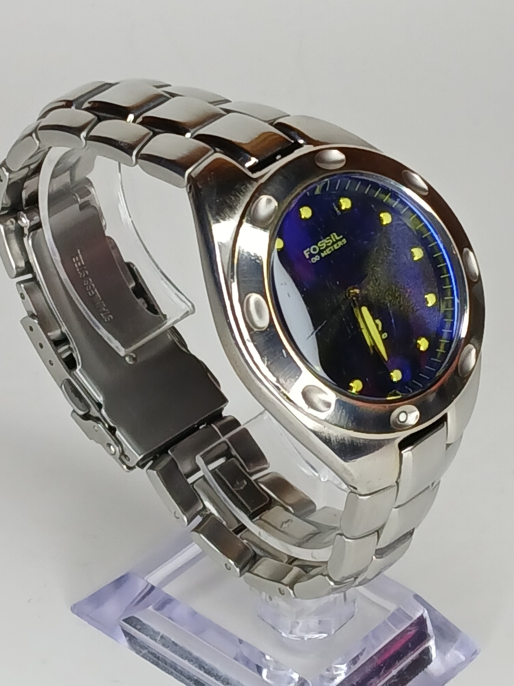 Vtg Fossil Blue PR-5105 Men's 100M Watch Stainless Steel Blue Dial Divers Style